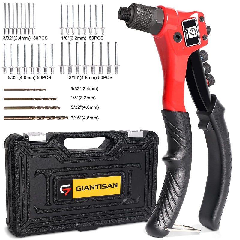 GIANTISAN Rivet Gun, GIANTISAN Pop Rivet Tool Kit with 200 Rivets and 4 Drill Bits, Manual Hand Riveter Kit with Rugged Carrying Case - Image 1